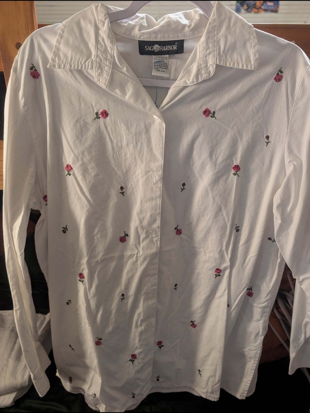 Sag Harbor White Button-Down Shirt with Pink Rose Embroidery